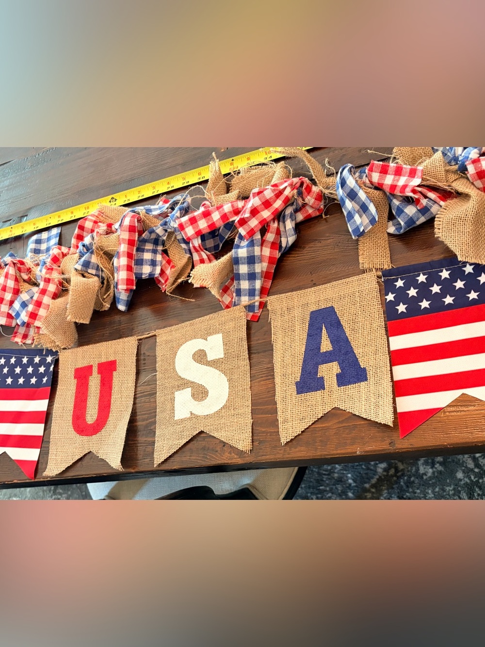 Patriotic Burlap USA Banner Red White Blue & gingham knotted garland 🇺🇸 America